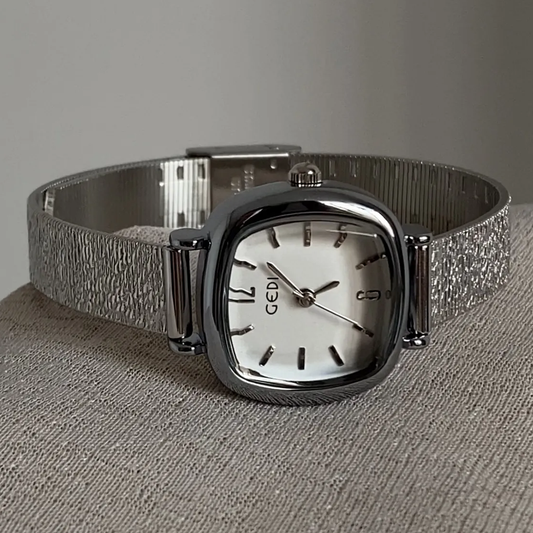 Minimalist Women's Quartz Watch – Silver Square Case with Petite Dial