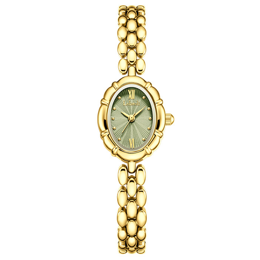 Élise Verde – Elegant Gold Bracelet Women’s Quartz Watch with Green Oval Dial