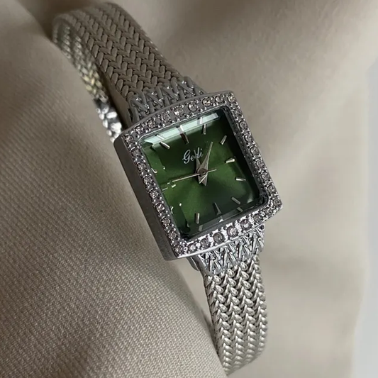 Silver & Green Square Timepiece: Elegant Quartz Watch