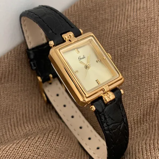 French Elegance Timepiece: Black Leather Gold Dial Quartz Watch