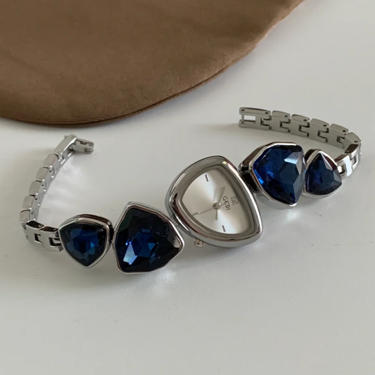 Unique Blue Silver Dial Quartz Watch: Irregular Design Timepiece