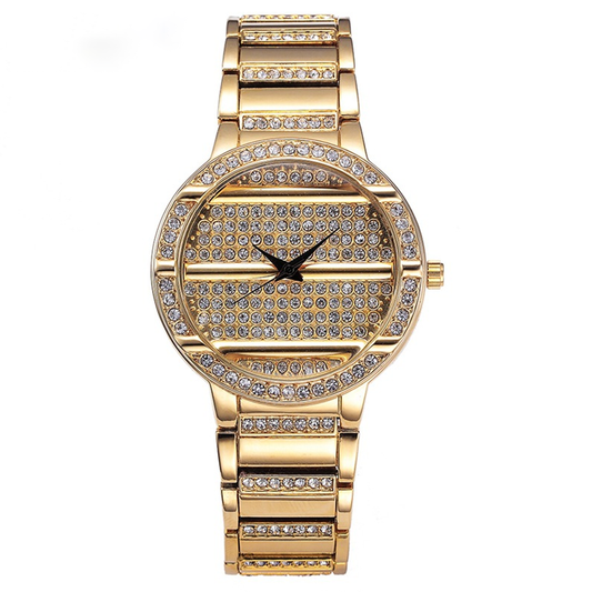 Luxury Gold Diamond Watch with Crystal Accents & Alloy Bracelet