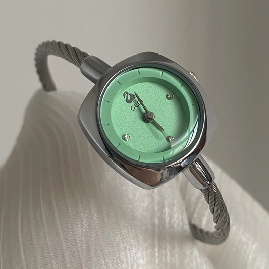 Silver-Grey Bangle Quartz Watch for Women – Mint Green Dial & Square Case, Minimal & Chic