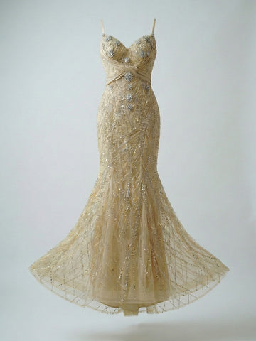 Gilded Champagne Crystal Embellished Gown | Luxury Heavy-Beaded Evening Dress
