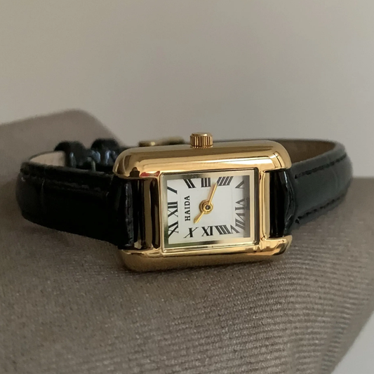 Minimalist Charm Timepiece: Black Leather Gold Case Square Quartz Watch