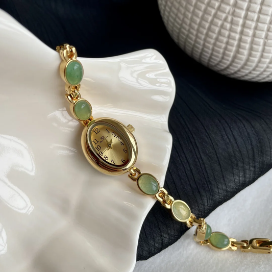 Jade Serenity – Gold Bracelet Watch with Oval Face