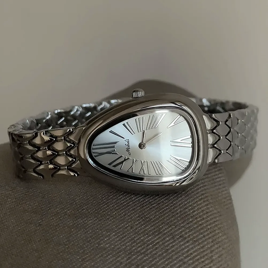 Silver Serpent Timepiece: Steel Bracelet Snake-Shaped Quartz Watch