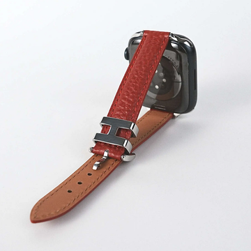 Red Unisex Watch Band Leather Stainless Steel H Buckle Litchi Grain — Crimson Charm