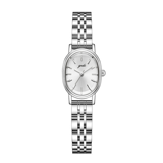 Elegante reloj de cuarzo ovalado para mujeres: correa de plata, versátil y refinado