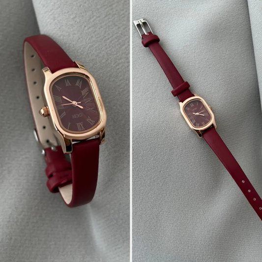 Burgundy Grace Timepiece: Gold and Red Leather Watch