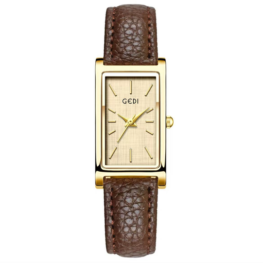 Elegant Square Watch with Gold Dial & Brown Genuine Leather Strap