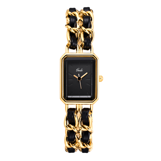 Gold Woven Chain Quartz Watch for Women – Black Dial & Gold Case