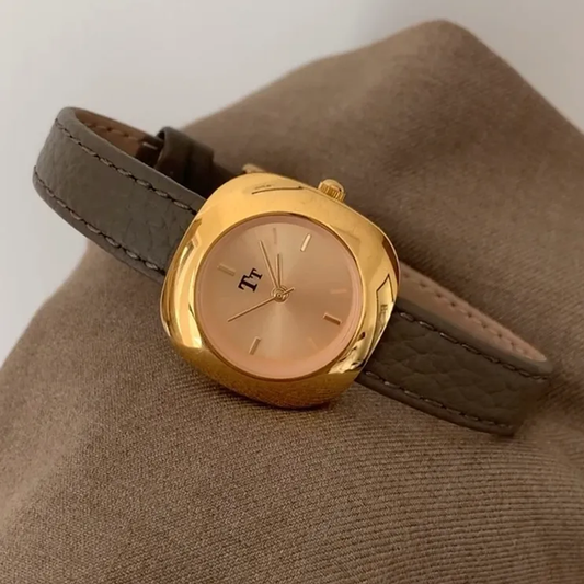 Vintage Grey Timepiece: Leather Gold Dial Quartz Watch