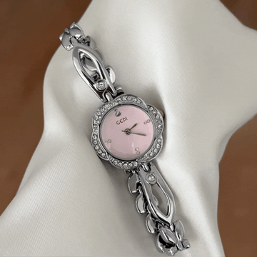 Gentle Commute Pink Floral Dial Silver Diamond Bezel Alloy Quartz Watch