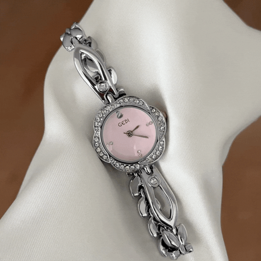 Gentle Commute Pink Floral Dial Silver Diamond Bezel Alloy Quartz Watch