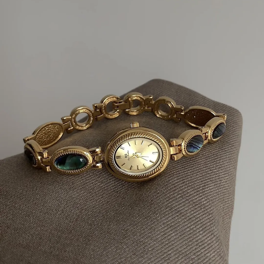 Gold Bracelet Style with Abalone Shell Inlay and Vintage Oval Dial Women’s Quartz Watch
