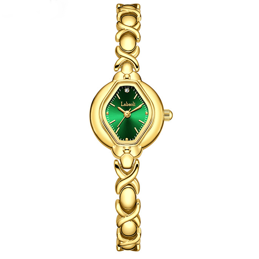 Vintage Style Rhombus Watch: Green Dial, Gold-Tone Alloy Case and Bracelet, Quartz Movement