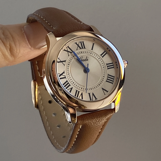 Classic Luxe Timepiece: Brown Leather Gold Case White Dial Watch