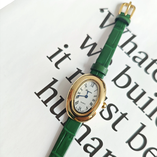 Olive Poise – Oval White Dial Watch with Green Leather Band