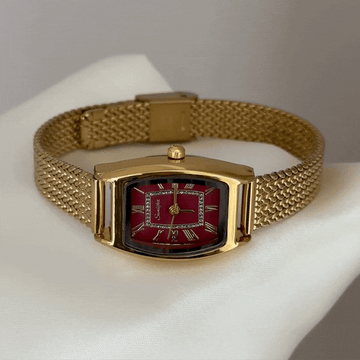 Warm Passionate: Red Tonneau Dial Watch with Gold Wheat Pattern Stainless Steel Bracelet