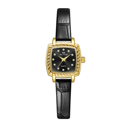 Vintage Noir Timepiece: Black and Gold Square Quartz Watch
