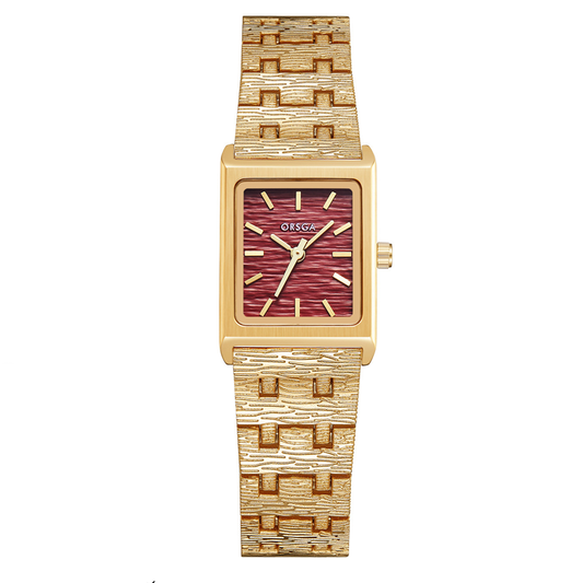 Gold Women Quartz Watch Ripple Bracelet Strap Square Red Dial Vintage Chic Style – Garnet
