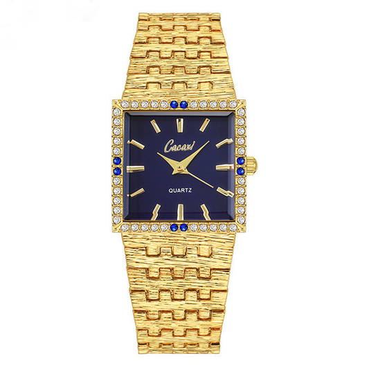 Modern Glamour Blue Rectangle Dial Watch – Gold Diamond Bezel & Gold Alloy Bracelet Quartz