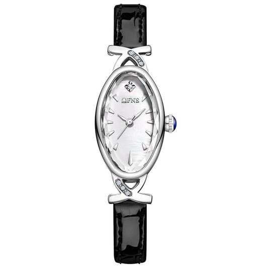 Black Leather Women’s Thin Strap Silver Oval Case White Mother-of-Pearl Dial Quartz Watch French Elegant Style – Belle Oval