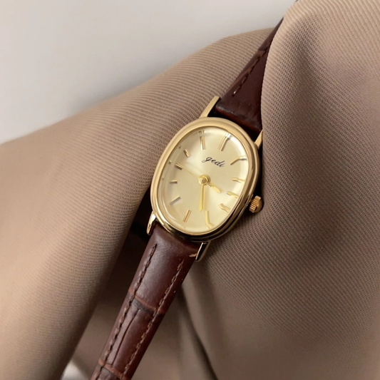 Autumn Muse – Women’s Oval Gold Watch with Brown Leather Band