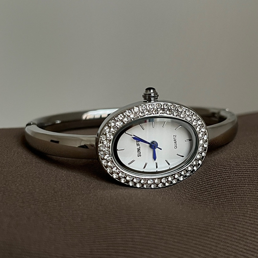 Luna Bath – Silver Oval Bangle Watch with Crystal Detail