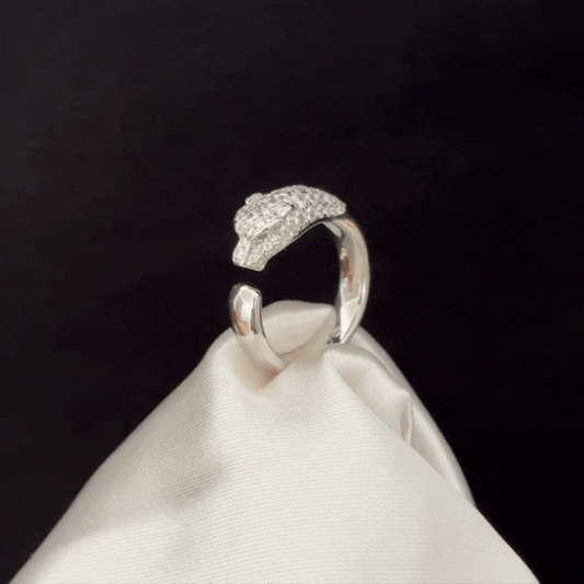 Panther Head Ring White Gold Plated with Micro-set Zirconia - Bold Luxury Open Ring