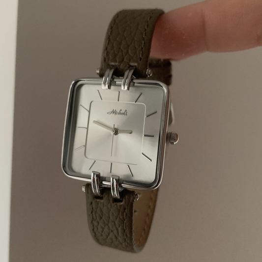 Elephant Grey Timepiece: Silver Case Square Dial Leather Watch