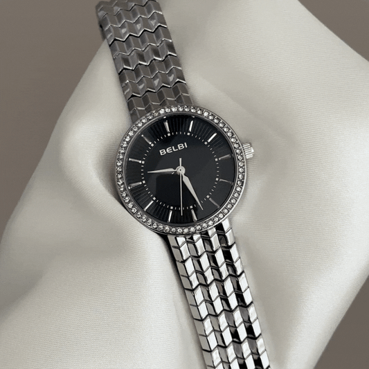 Modern Glamour:Black Diamond Dial Watch with Silver Bezel & Matching Bracelet