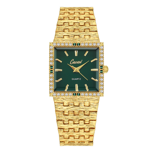 Gold Women Quartz Watch Bracelet Strap Green Square Dial Diamond Case Vintage Elegant Style – Viridis