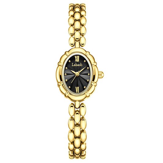 Élise Noir – Elegant Gold Bracelet Women’s Quartz Watch with Black Oval Dial