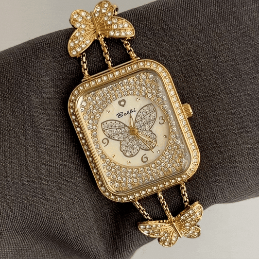 Feminine Delicacy: Gold Rectangle Diamond Dial with Butterfly Stainless Steel Bracelet