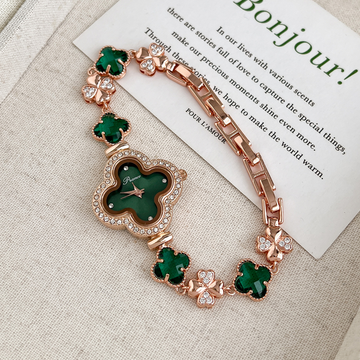 Rose Gold Green Clover Zirconia Bracelet-Style Women's Wristwatch