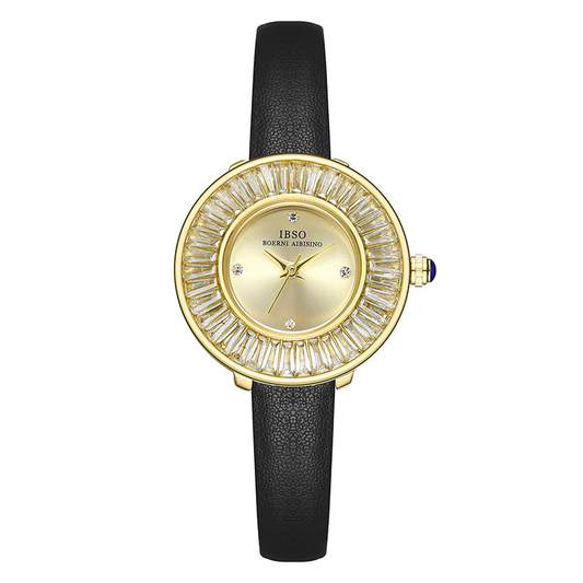 Elegant Women’s Quartz Watch – Black Leather Strap, Gold Round Case with Crystal Accents, Large Dial