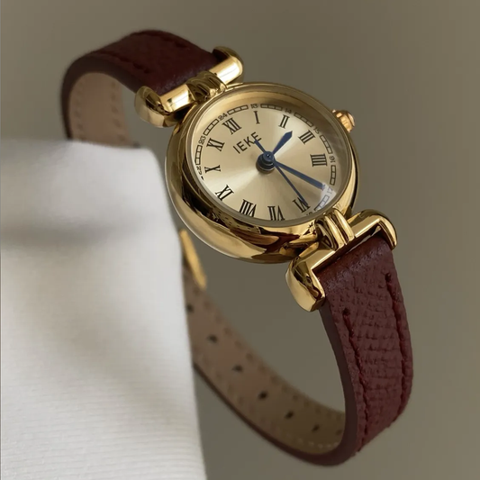 Angora Red Leather Gold Roman Dial Quartz Watch