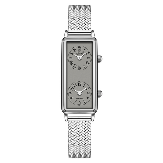 Silver Duo Timepiece: Silver-Grey Dual Dial Mesh Quartz Watch
