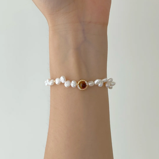 Brown Women Bracelet Pearl Tiger Eye Lava Baroque Style — Parisian Muse