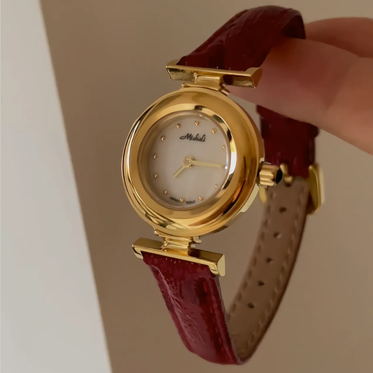 Sophisticated Timepiece: Red Leather Strap with White Mother-of-Pearl Dial Quartz Watch