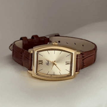 Vintage Classic Gold Tonneau Dial Watch – Brown Leather Strap Quartz