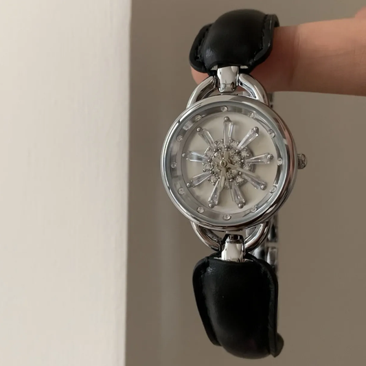 Silver Snowfall Timepiece: Black and Silver Leather Quartz Watch