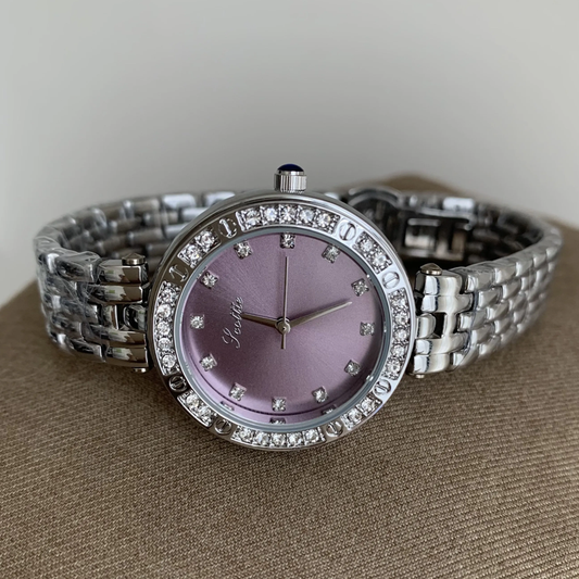 Amethyst Sparkle Timepiece: Purple Dial Diamond-Accented Steel Quartz Watch