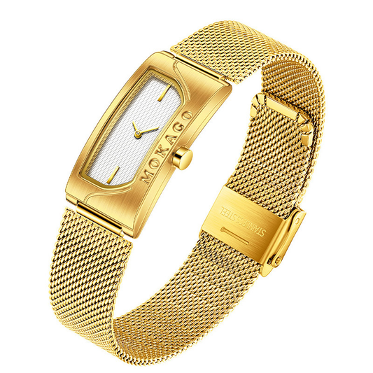 Gold Women’s Bangle White Rectangular Dial Quartz Watch Futuristic Minimalist Style – Aurora Edge