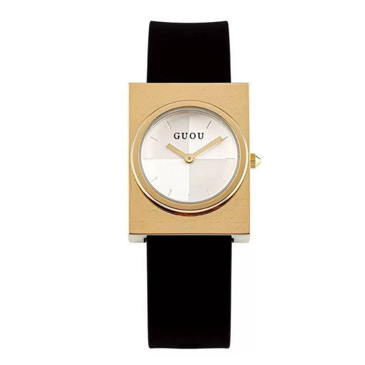 Geometric Fusion: White Round Dial Watch with Gold Rectangular Bezel & Black Silicone Strap