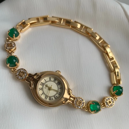 Luxury Frosted Elegance: Green Agate Small Dial & Brass Quartz Watch