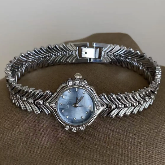 Women's Quartz Watch – Blue Mother-of-Pearl Dial with Crystals & Vintage Mermaid-Tail Strap