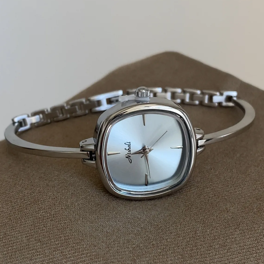 Silver Bangle Quartz Watch for Women – Square Light Ice Blue Dial, Elegant & Modern
